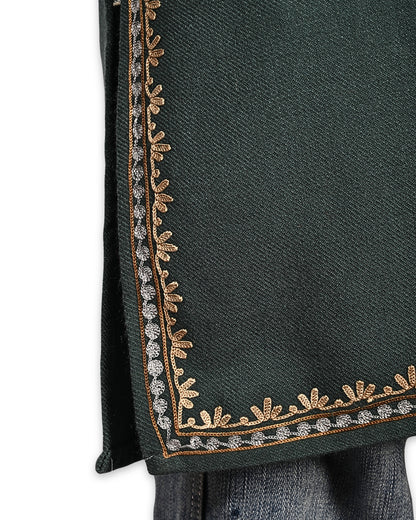 Forest Green Cashmilon Wool Aari Embroidered Kashmiri Pheran - Pehnava
