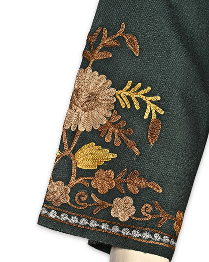 Forest Green Cashmilon Wool Aari Embroidered Kashmiri Pheran - Pehnava
