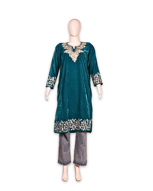 Teal Blue Makhmal Zari Embroidered Kashmiri Pheran - Pehnava