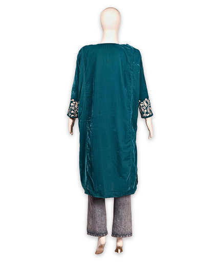 Teal Blue Makhmal Zari Embroidered Kashmiri Pheran - Pehnava