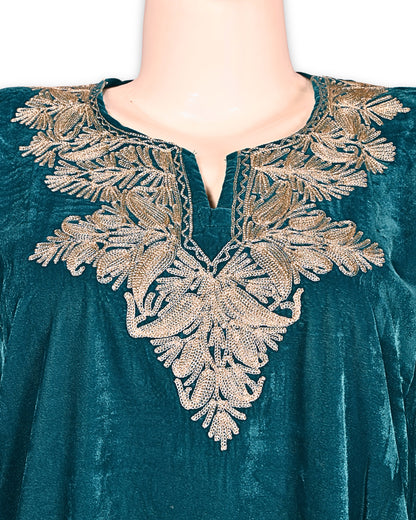 Teal Blue Makhmal Zari Embroidered Kashmiri Pheran - Pehnava