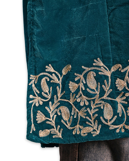 Teal Blue Makhmal Zari Embroidered Kashmiri Pheran - Pehnava
