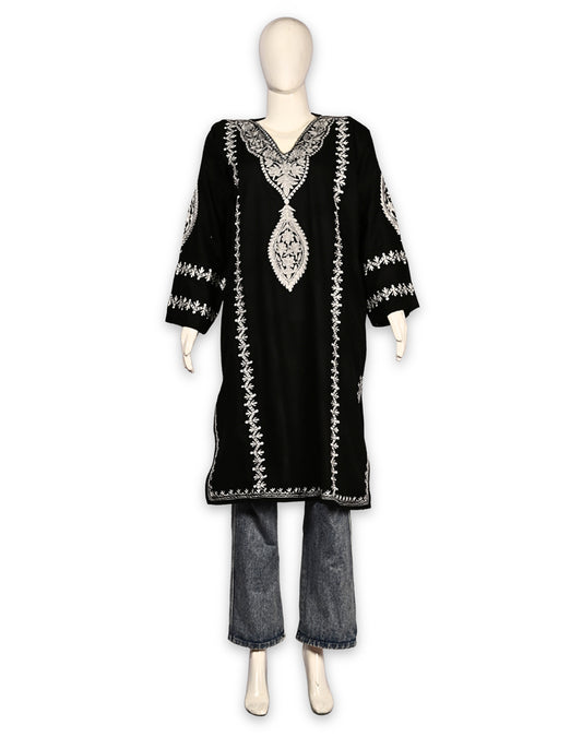 Jet Black Cashmilon Wool Zari Embroidered Kashmiri Pheran - Pehnava