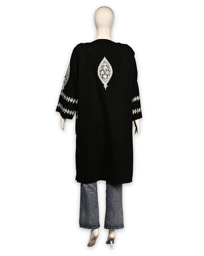 Jet Black Cashmilon Wool Zari Embroidered Kashmiri Pheran - Pehnava