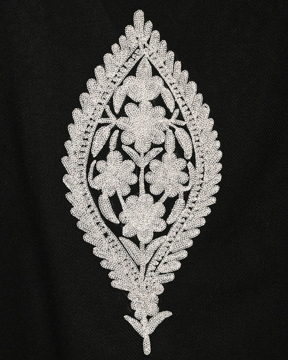 Jet Black Cashmilon Wool Zari Embroidered Kashmiri Pheran - Pehnava