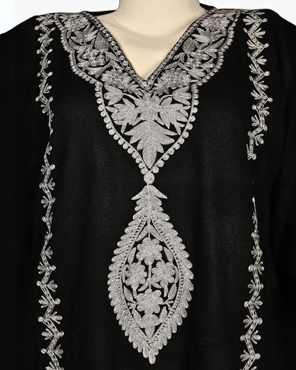 Jet Black Cashmilon Wool Zari Embroidered Kashmiri Pheran - Pehnava