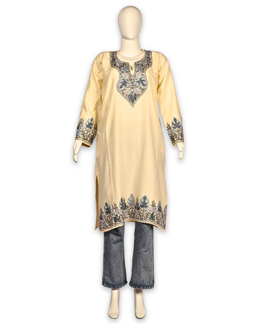 Butter Cream Cashmilon Wool Aari Embroidered Kashmiri Pheran - Pehnava
