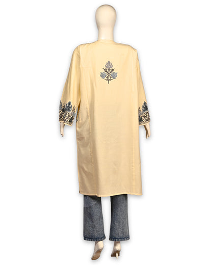 Butter Cream Cashmilon Wool Aari Embroidered Kashmiri Pheran - Pehnava