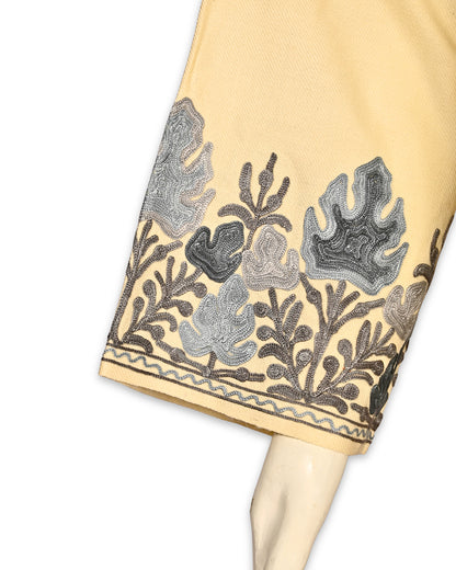 Butter Cream Cashmilon Wool Aari Embroidered Kashmiri Pheran - Pehnava