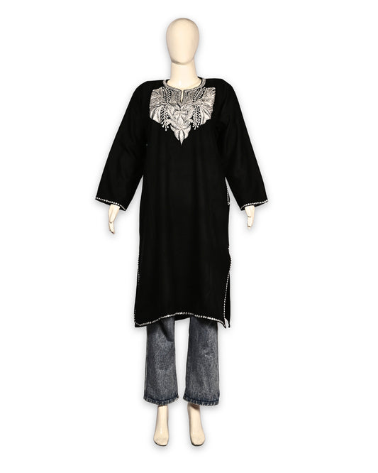Classic Black Cashmilon Wool Zari Embroidered Kashmiri Pheran - Pehnava