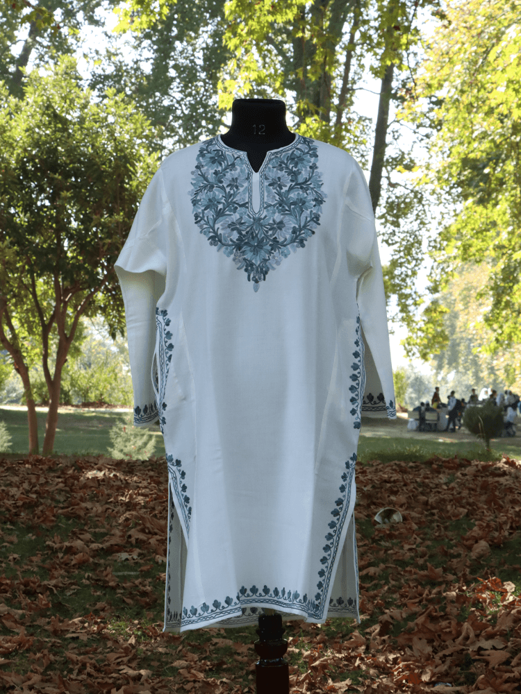 Nava-e-Poshkaar: Poshkar White Aari Embriodery pheran - Shopping in Kashmir